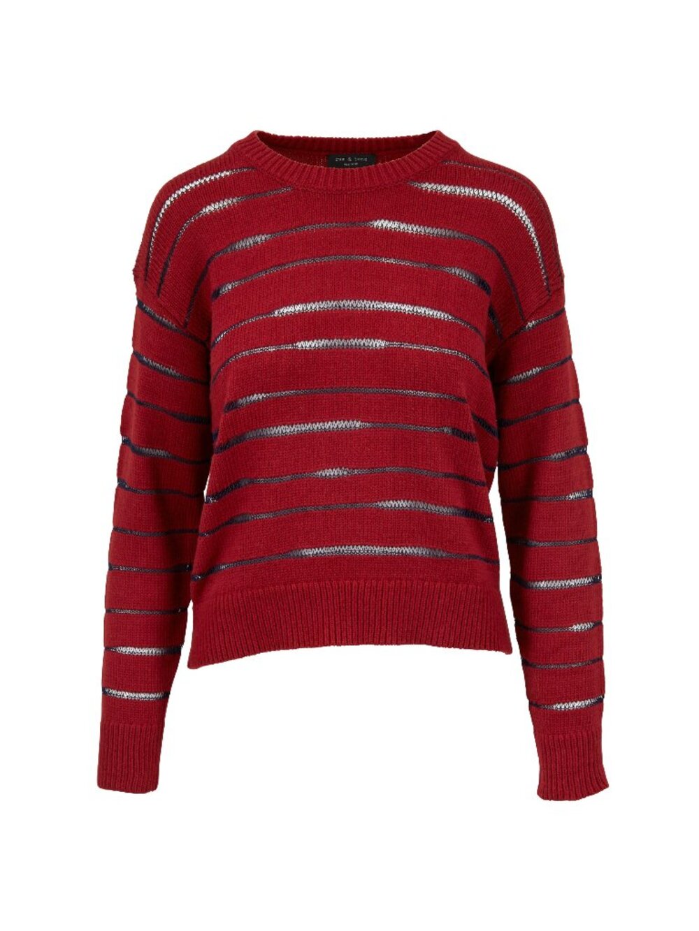 NWT Rag & Bone Penn Cropped Sheer Open Knit Striped Crewneck Sweater Red M